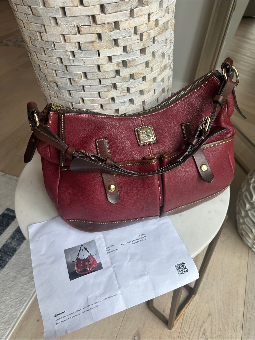 Dooney & Bourke Red Pebbled Leather Shoulder Bag with Brown Trim